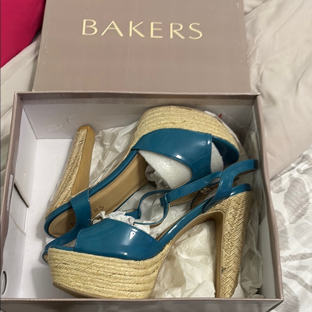 Bakers Blue and Tan Platform Sandals with Ankle Strap